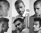 Sześciu mężczyzn z różnymi fryzurami, w tym klasyczny crew cut, prezentuje swoje profile.