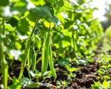Des haricots verts mûrs pendent des tiges vertes. La récolte des haricots verts est un processus continu, demandant plusieurs passages pour cueillir les gousses à maturité.