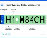 Elementy zielonej tablicy rejestracyjnej: Euroband z PL, wyróżnik miasta, województwa, nalepka legalizacyjna i indywidualny.
