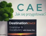 Książka "Destination C1&C2 Grammar & Vocabulary" jako materiał do przygotowania do CAE exam sample. Obok zielony mech.