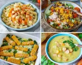 Vier leckere Gerichte: Pasta mit Soße, Salat mit Hackfleisch, Auflauf mit Fischstäbchen und Gemüse, und eine cremige Kartoffelsuppe. Was koche ich heute?