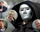 En mystisk figur med silvermask och huva omgiven av porträtt av fyra personer. En ny serie på TV4 Play.