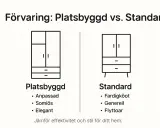 Illustration av ett platsbyggt skåp med anpassad, somiös och elegant design, jämfört med ett standard skåp.