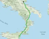 Trasa przez włochy południowe, od Rzymu po Sycylię, z zaznaczonymi parkami narodowymi. Przewodnik po malowniczych regionach.