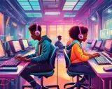 Deux jeunes créent de la musique avec un logiciel musique gratuit dans un studio futuriste aux néons roses et bleus.