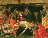 Scena opłakiwania Chrystusa, pełna symbolizmu w malarstwie. Postacie w żałobnych szatach otaczają martwe ciało, wyrażając głęboki smutek i oddanie.