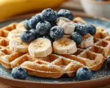 Goldbraune Bananenwaffeln mit Blaubeeren und Bananenscheiben, bestäubt mit Puderzucker. Ein köstlicher Genuss!