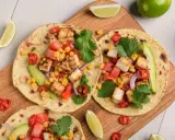 Lekkie tacos z grillowanym tofu, kukurydzą, pomidorami i awokado – idealne, gdy zastanawiasz się, co można zjeść na obiad dietetyczny.
