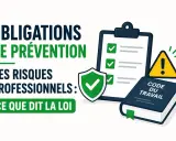 Obligations de prévention des risques professionnels : un tableau de bord, un bouclier, un panneau d'avertissement et le Code du travail illustrent la loi.