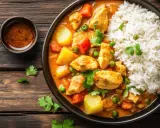 Kurczak w sosie curry z ryżem i warzywami. Idealne danie z 7 pomysłów na obiad.