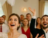 Panna młoda z welonem w górze i pan młody z uniesioną ręką, radośnie czekają na pytania na oczepiny.