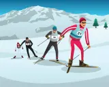 Tävlande i en **arctic circle race** kämpar sig fram i snön, med snöklädda berg och granar i bakgrunden.