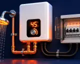 Moderner durchlauferhitzer starkstrom mit digitaler Anzeige (45°C) und Sicherungskasten. Warmes Wasser für die Dusche.