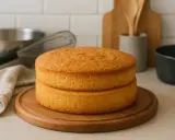 Deux disques de génoise moelleuse, prêts pour une recette gourmande. Ustensiles de pâtisserie en arrière-plan.