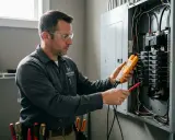 Elektriker kontrollerar elcentralen, inklusive huvudbrytare 40a, med en multimeter.