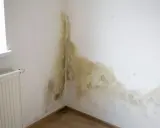 Manchas de moho y humedad en la esquina de una pared blanca, cerca de una ventana y un radiador. Es hora de pintar humedades.