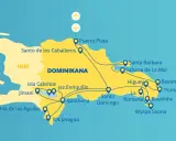 Mapa Dominikany z zaznaczonymi atrakcjami: Puerto Plata, Santo Domingo, Punta Cana, Wyspa Saona. Planuj podróż i odkryj, co zobaczyć w Dominikanie!