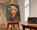 A Van Gogh painting is displayed next to a tablet showing a stock market graph, symbolizing a fine art investment fund.