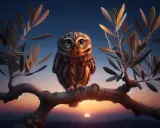 Un piccolo assiuolo, con occhi grandi e curiosi, siede su un ramo al tramonto. L'analisi della sua posa suggerisce tranquillità.