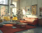 Gemütliches Wohnzimmer im Midcentury Stil mit orangefarbenem Sofa, gelben Sesseln und einem Holztisch.