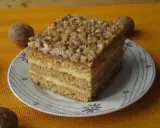 Pyszne ciasto miodowe z orzechami, jedno z 10 najlepszych ciast, na talerzyku z orzechami w tle.