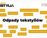 Grafika informuje o segregacji odpadów tekstylnych, wymieniając m.in. zużytą odzież, koce, pościele i obuwie.
