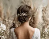 Elegante peinado de novia con un recogido bajo adornado con delicadas flores blancas. El vestido de encaje y el fondo de pampas completan el look nupcial.