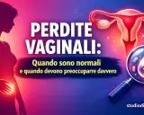 Silhouette femminile con utero e lente d'ingrandimento su perdite vaginali. La leucorrea gravidica è normale, ma a volte preoccupante.