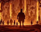 En silhuett av en man med hög hatt står framför en surrealistisk, gyllene stad. Barn och andra figurer omger honom, som hämtade ur filmer med Tim Burton.