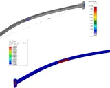 Simulación de deformación plástica en una viga curva. El arriostramiento significado se observa en la zona roja, indicando alta tensión.
