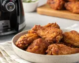 Knusprige chicken wings aus dem Airfryer in einer Schüssel, daneben ein Dip und der Airfryer.