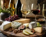 Käseplatte mit Trauben, Feigen und Nüssen, dazu ein Glas Rotwein und ein Glas Sekt. Ein Genuss für jeden Liebhaber von **fumé wein**.