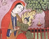 Eine Illustration von Maria im Islam. Sie hält ein Kind, das von Flammen umgeben ist.