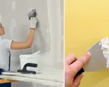En kvinna spacklar en vägg med spackel och en bred spackelspade. En annan bild visar en hand som spacklar en gul vägg.