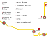 Gelbe Linie zeigt die **Tram 28 Lissabon Route** mit nummerierten Haltestellen (1-11) und roten Fahnen.