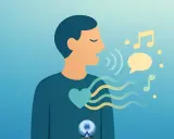 Uomo che parla, con un cuore che pulsa e onde che si propagano, simboleggiando il bisogno di liberare le emozioni attraverso la voce e la musica.