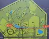 Mapa Parku Śląskiego z zaznaczonymi atrakcjami: Zoo, Planetarium, Stadion Śląski, Rosarium, Wesołe Miasteczko. Tu jesteś i Tu będziesz wskazują drogę.