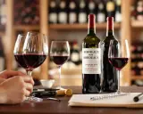 Dégustation de vins de la rive droite de Bordeaux, avec des verres remplis, des bouteilles et un carnet pour prendre des notes.