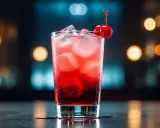 En röd drink med is och körsbär, som en brandbil som parkerat vid en bar.