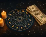 Zodiakalny krąg i banknoty dolarów sugerują horoskop finansowy dzienny. Dwie świece dodają tajemniczości.