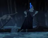 Hades, Herrscher der Unterwelt der griechischen Sage, steht auf einem Boot, während Charon rudert. Geister treiben im Wasser.