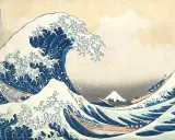 A massive blue wave crests, threatening boats below. In the distance, Mount Fuji, a peak from the "Thirty-six Views of Mount Fuji" series, stands serene.