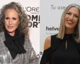 Dos mujeres con cabello canoso: una con rizos grises y traje a cuadros, la otra con cabello liso y vestido negro. Transición a las canas con mechas.