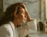 Femme en peignoir blanc, main sur la tête, le regard perdu. Elle semble ressentir de la fatigue et une perte de cheveux.