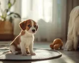 Un chiot adorable assis sur un tapis, se demandant à quel âge un chien est propre.