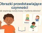 Uśmiechnięty chłopiec, jak dwu letnie dziecko, macha ręką obok kart z czynnościami: dziewczynka pije, siedzi i chłopiec rzuca monetą.