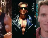 Arnold Schwarzenegger i tre ikoniska roller från sina filmer. Från djungeln med vapen till den tuffa Terminator.