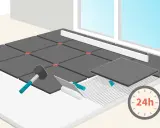 Illustration montrant par où commencer la pose d'un carrelage au sol. Outils et carreaux sont présents, avec une indication de 24h de séchage.