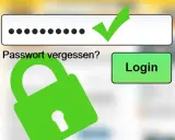 Login-Feld mit Punkten, Häkchen und Schloss-Symbol. "Passwort vergessen?" und "Login"-Button.
