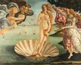 La Naissance de Vénus, chef-d'œuvre de Botticelli à Florence, dépeint la déesse sur une coquille, accueillie par les Vents et une Hora.